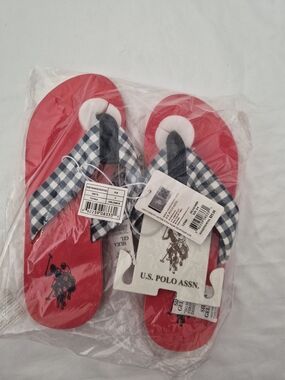 U.S. Polo Assn. Kids Red Flip Flops with Navy & White Gingham Straps
